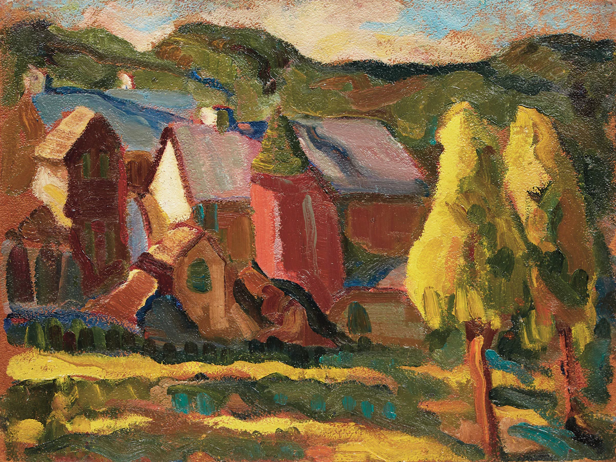 Henrietta Mabel May, Farmstead, Eastern Townships, oil on board