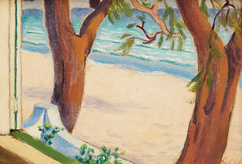 John Goodwin Lyman, Sunny Beach with Two Trees, oil on canvas board with study in graphite - view 1
