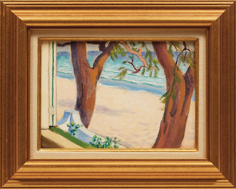 John Goodwin Lyman, Sunny Beach with Two Trees, oil on canvas board with study in graphite - view 3