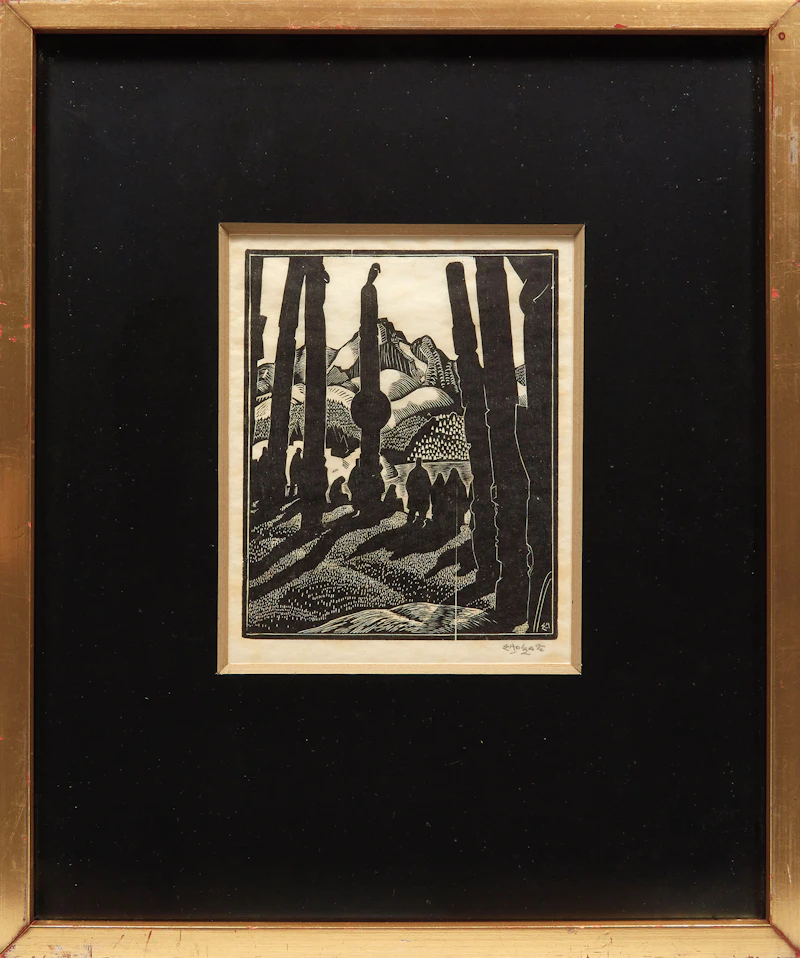 Edwin Headley Holgate, Totem Poles, No. 4 (Departing People), woodcut, 1926 - view 2