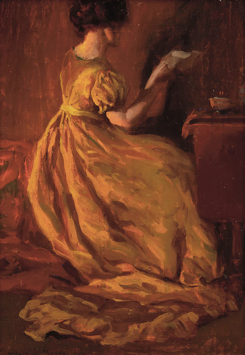 Clarence Alphonse Gagnon, The Yellow Dress, oil on board, 1906 - view 1