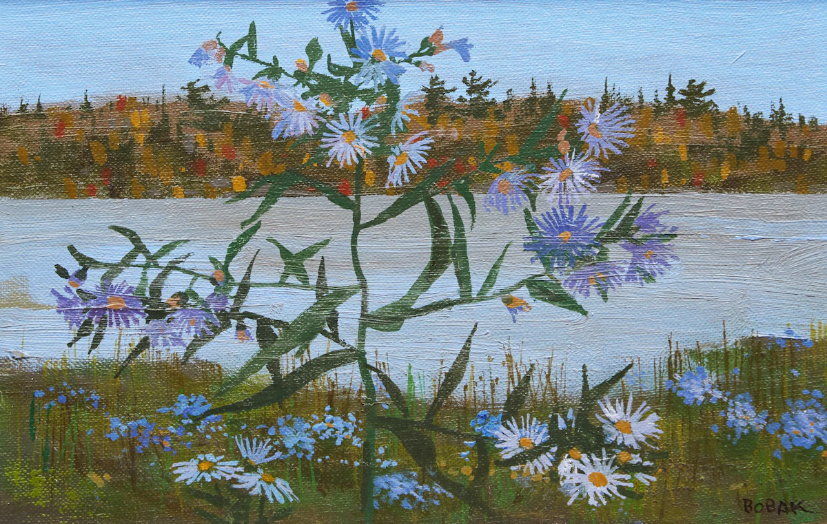 Bruno Joseph Bobak, Fall Asters , oil on canvas board, 1985