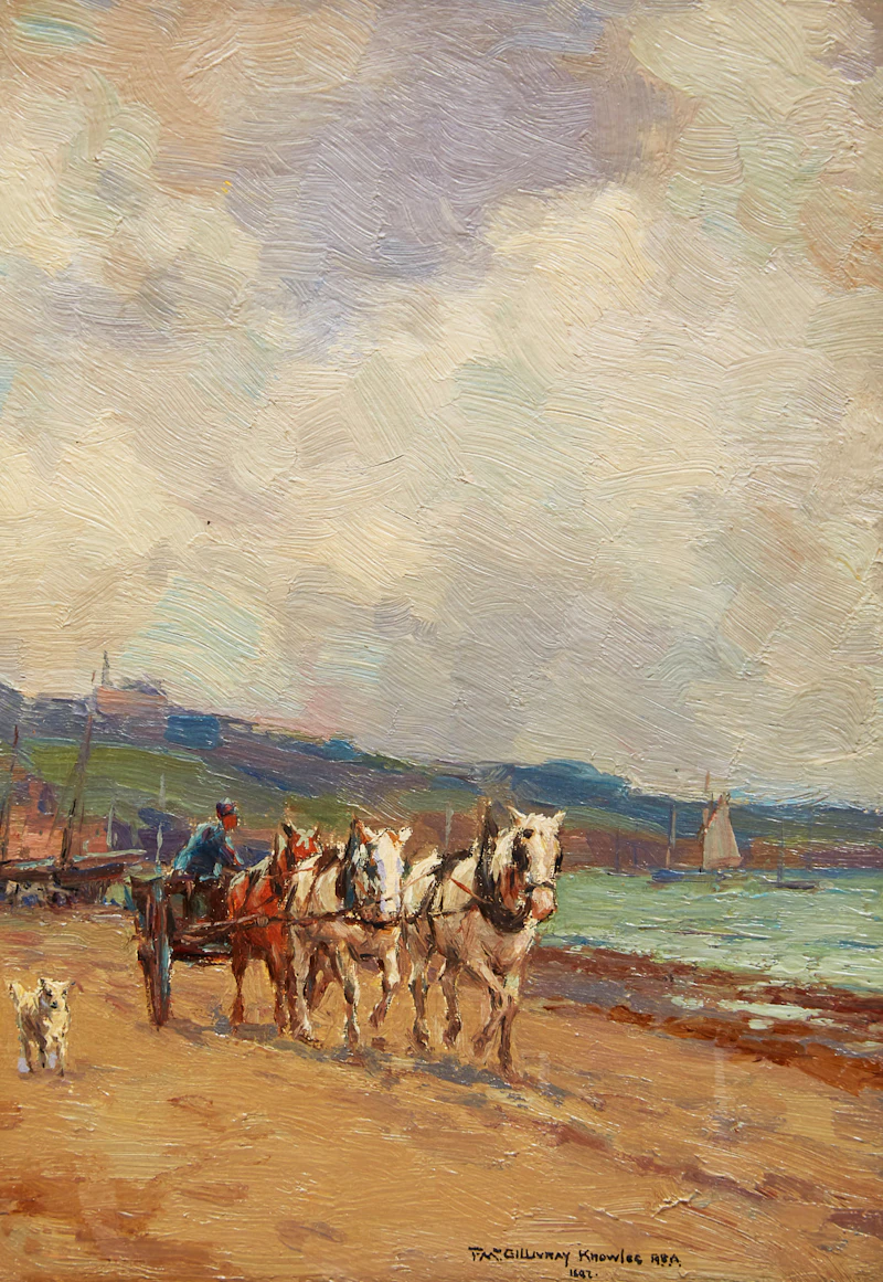Untitled (Horses and Cart on the Beach) by Farquhar McGillivray Strachan Knowles