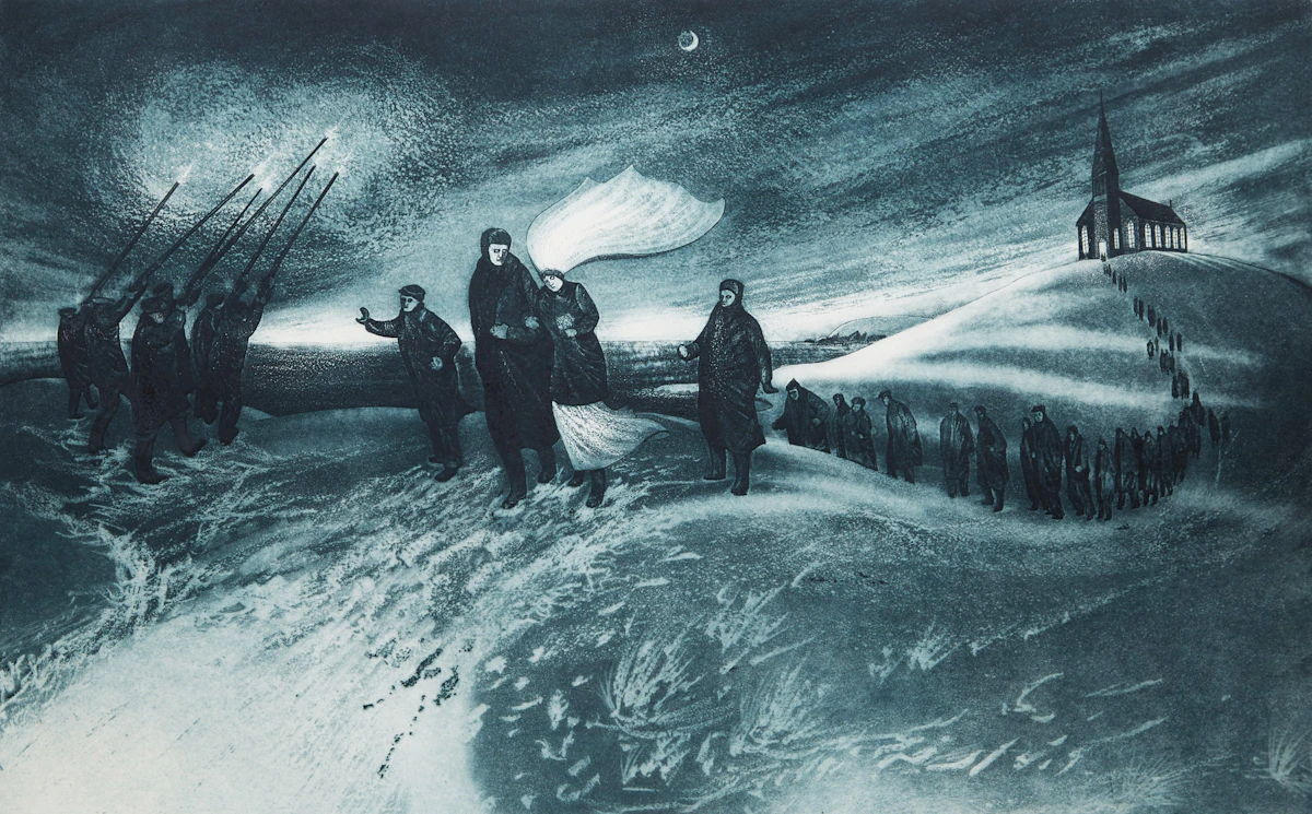 David Lloyd Blackwood, Wedding on Bragg’s Island, colour etching and aquatint, 1973