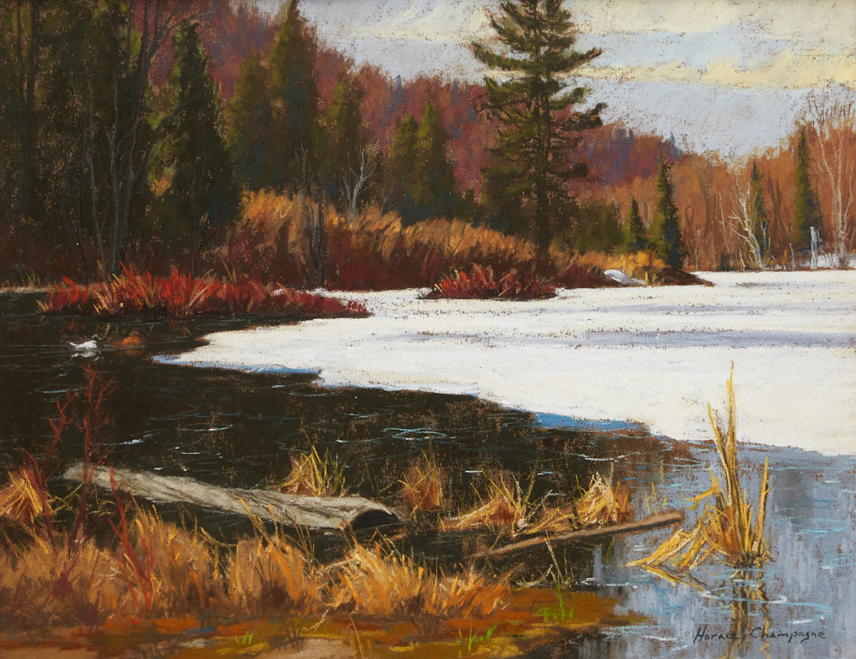 Horace Champagne, Ramsay Lake in April, Gatineau Park, P.Q. , pastel on paper, April 3, 1986