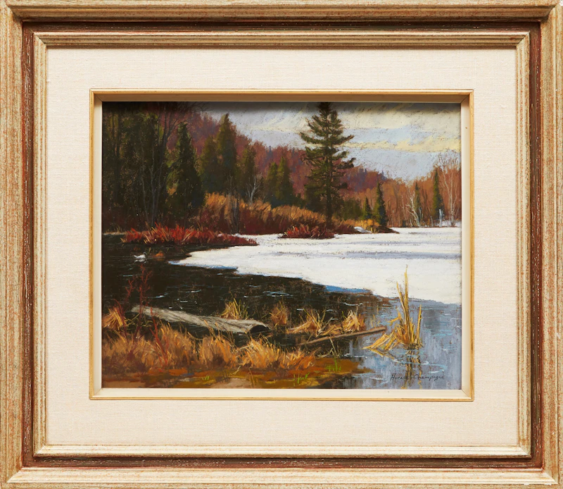 Horace Champagne, Ramsay Lake in April, Gatineau Park, P.Q. , pastel on paper, April 3, 1986 - view 2