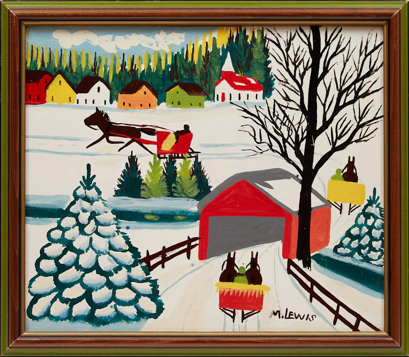 Maud Lewis, Winter Sleigh Scene with Covered Bridge