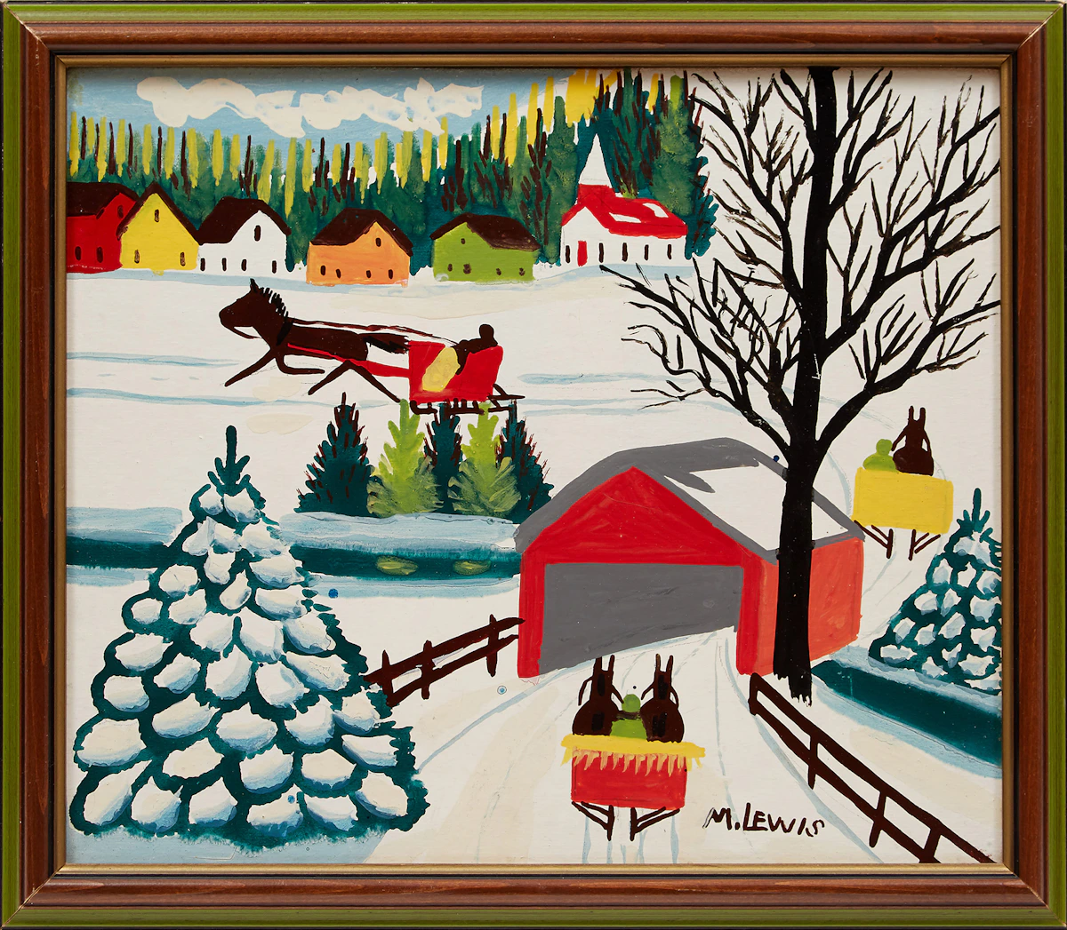 Maud Lewis, Winter Sleigh Scene with Covered Bridge, oil on board