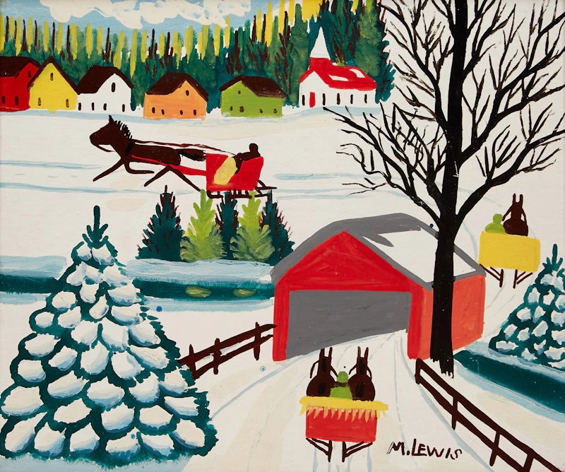Maud Lewis, Winter Sleigh Scene with Covered Bridge, oil on board - view 2