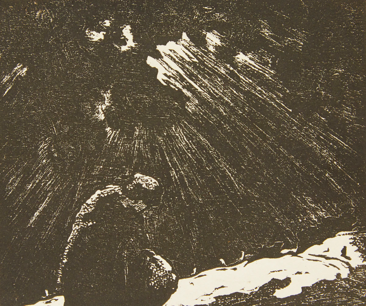 Rodolphe Duguay, La quêteuse; Winter Landscape, pair of woodblock prints