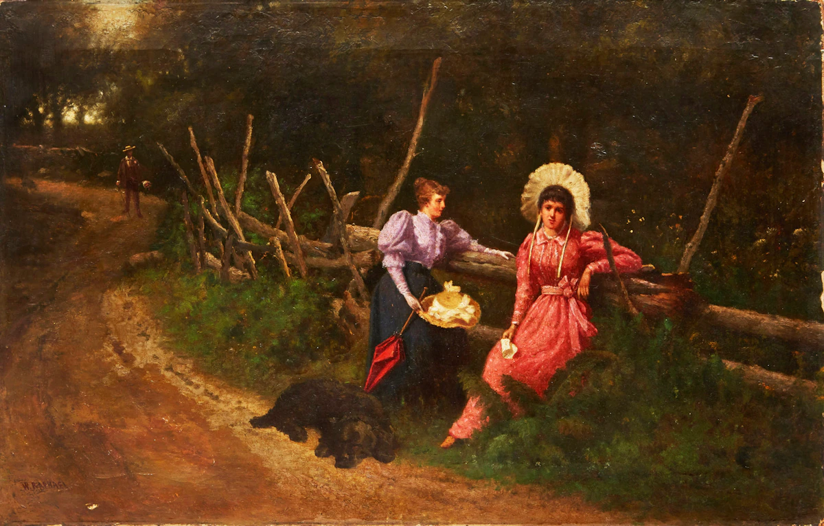 William Raphael, Two Young Women and a Dog, oil on canvas