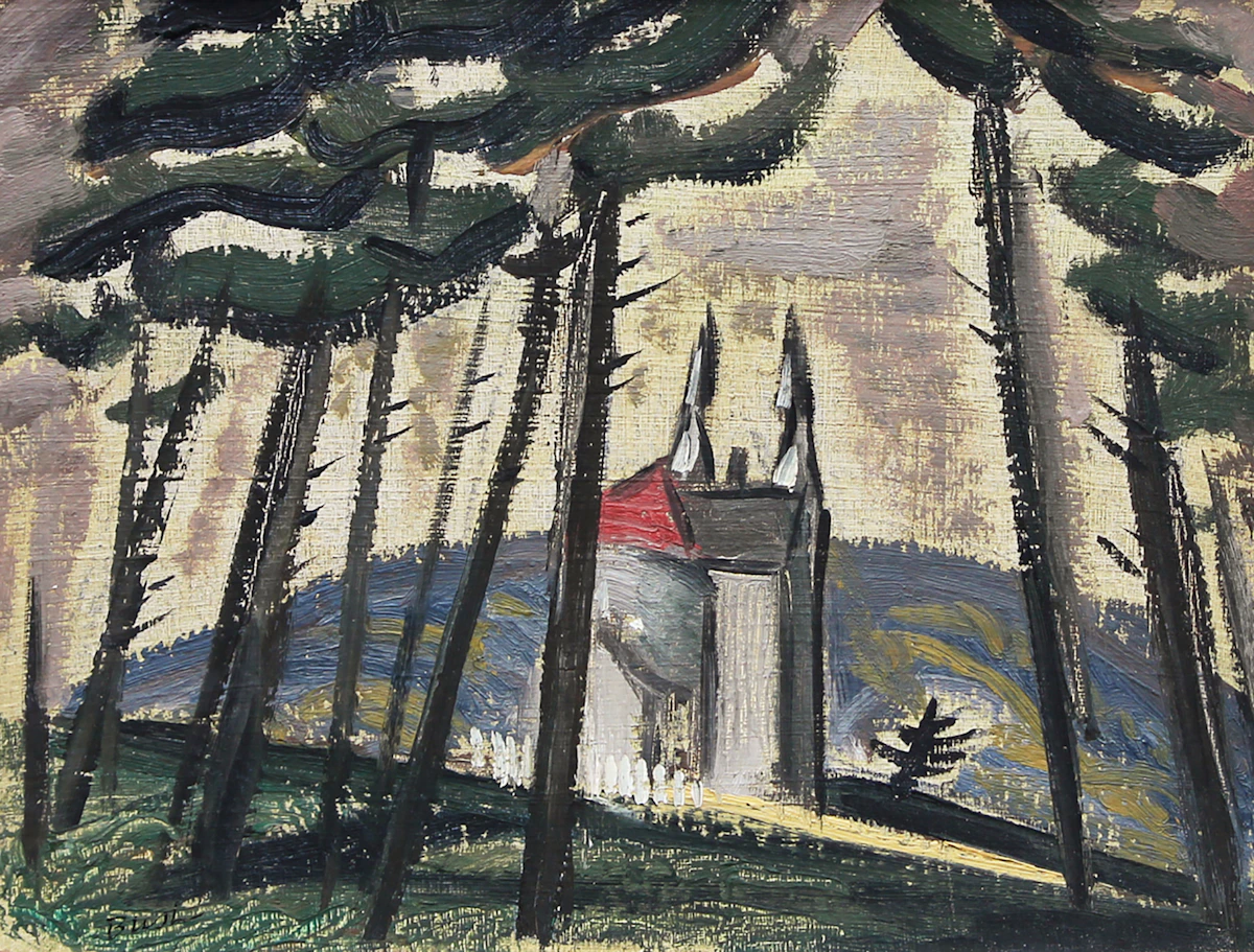 Jack Hamilton Bush, Church at Mattawa (1947), oil on paperboard, 1947