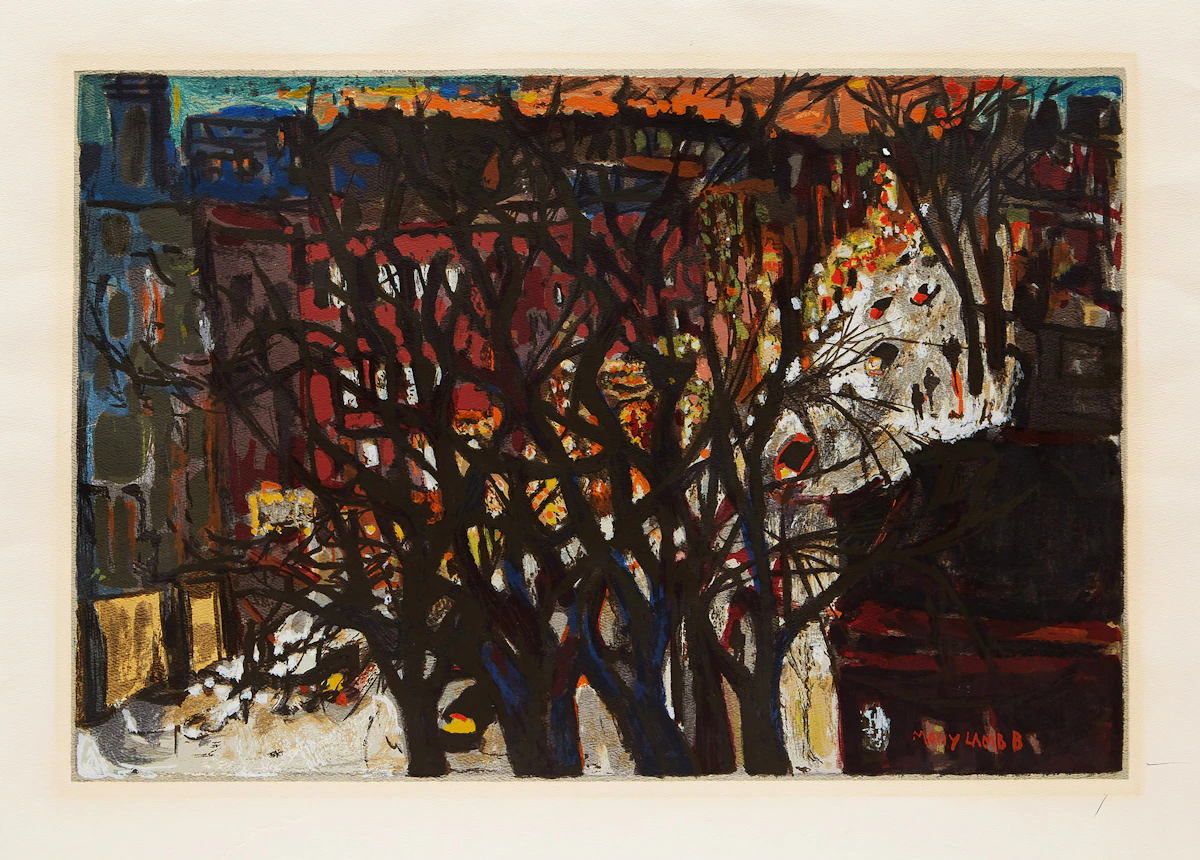 Molly Lamb Bobak, Winter in Town, colour serigraph