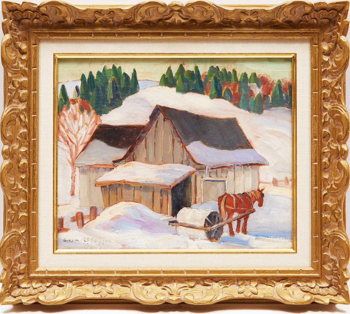 Gordon Edward Pfeiffer, Barns at Lac-Beauport (Snow Roller), oil on board