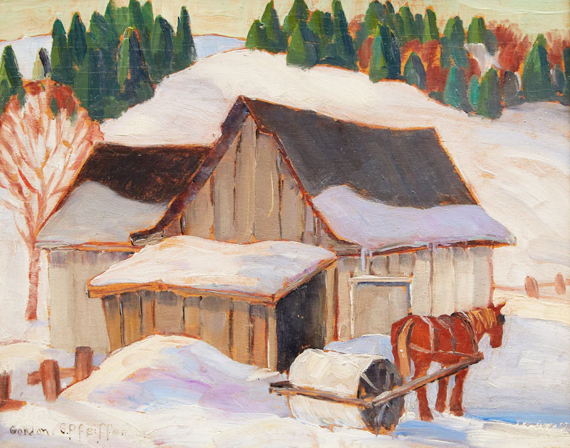 Gordon Edward Pfeiffer, Barns at Lac-Beauport (Snow Roller), oil on board - view 2