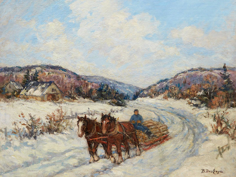 Berthe Des Clayes, Hauling Logs (Winter in Laurentians), oil on canvas - view 2
