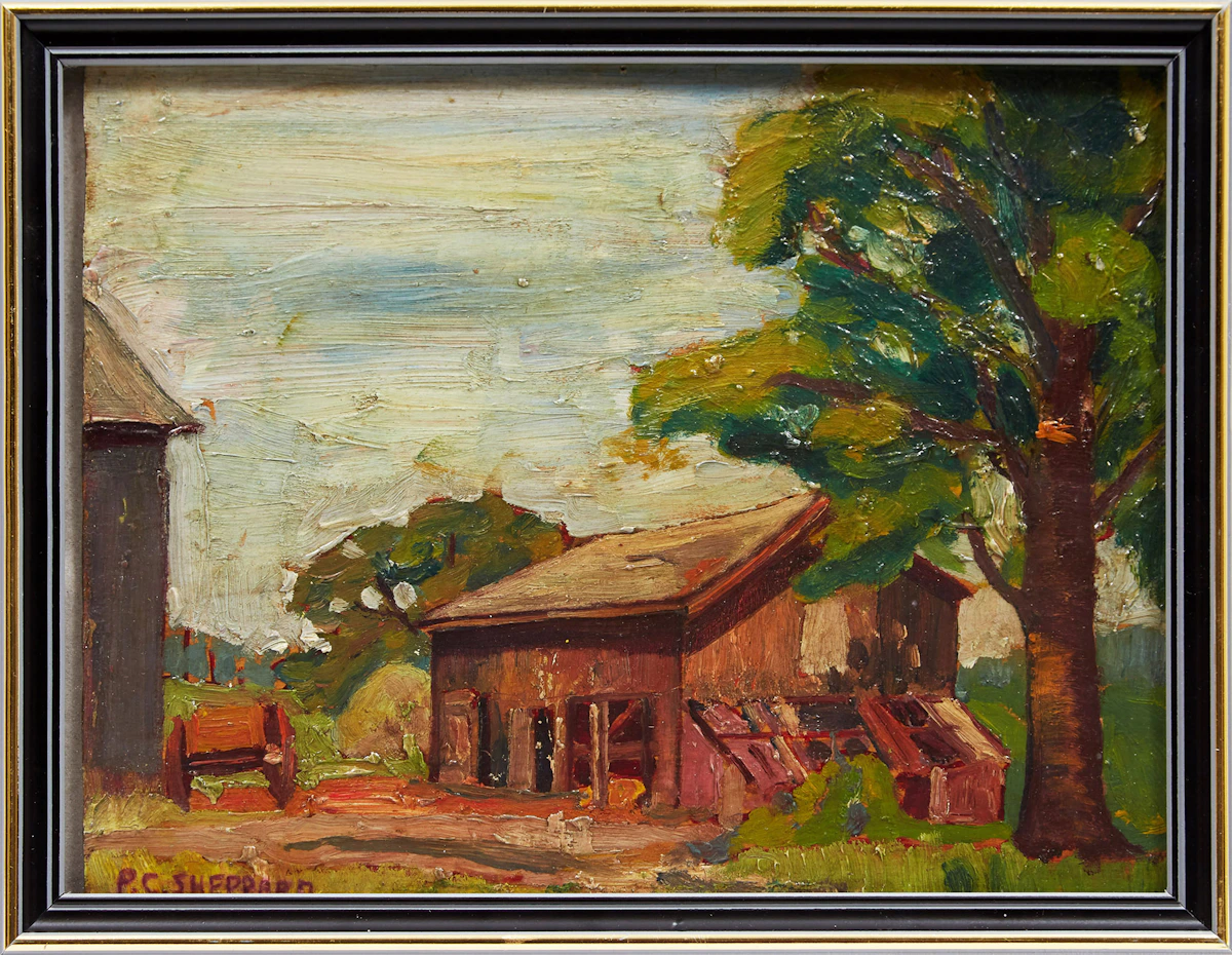 Peter Clapham Sheppard, Barn Landscape, oil on panel