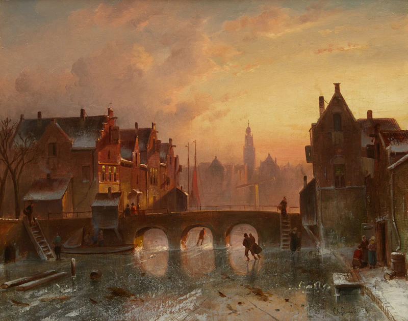 Charles Henri Joseph Leickert, Skaters on Canal, oil on canvas - view 2