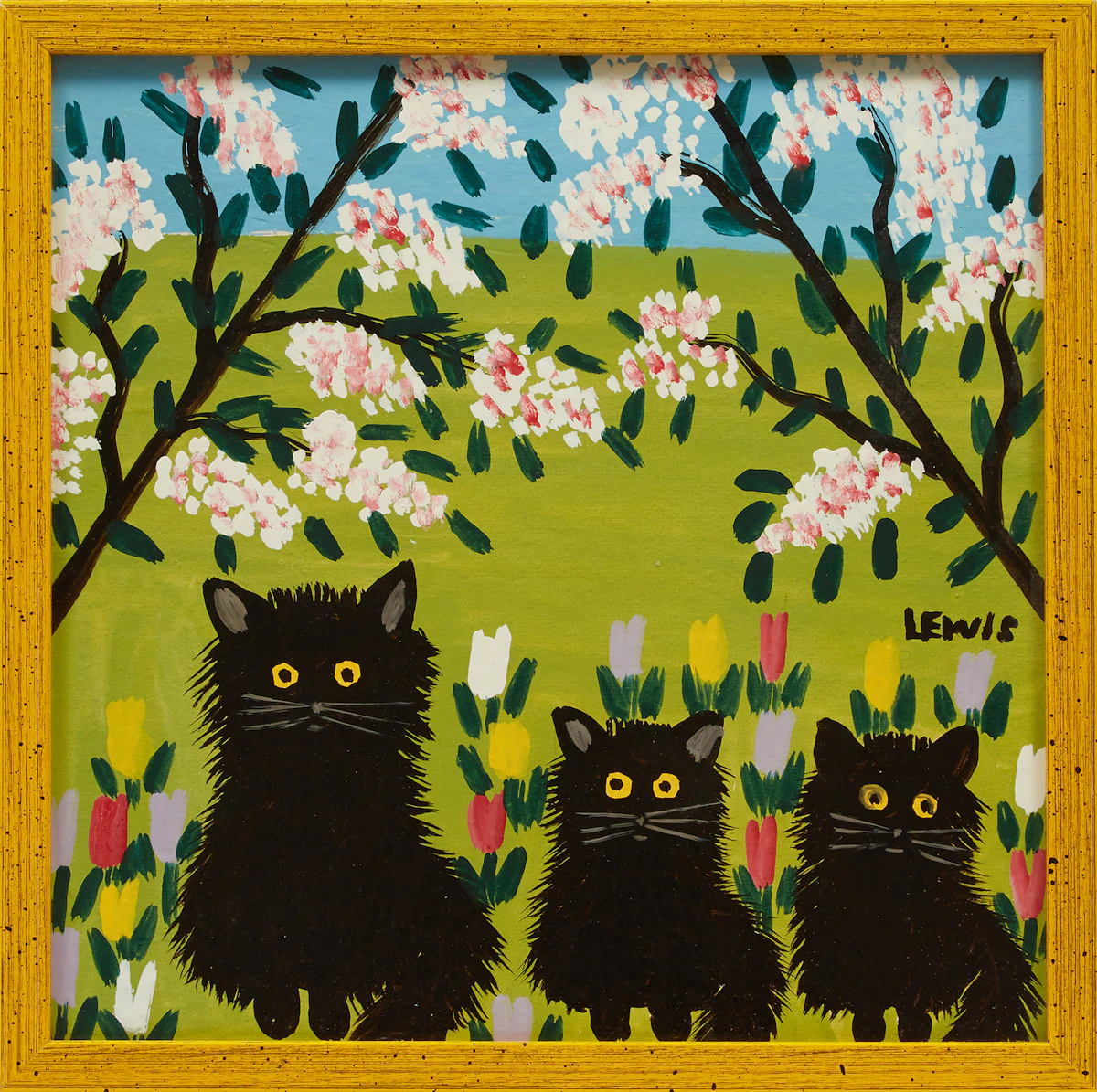 Maud Lewis, Three Black Cats, oil on board