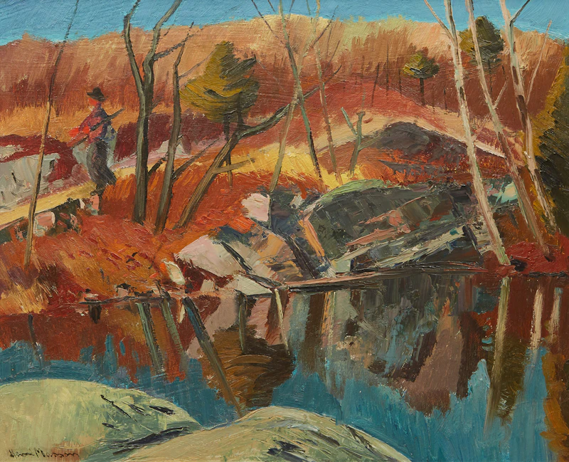 Henri Leopold Masson, Shoreline Landscape with Figure Walking, oil on board - view 2