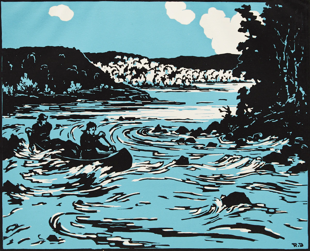 Rodolphe Duguay, Sur le St. Maurice, 21 avril 1936, colour woodblock