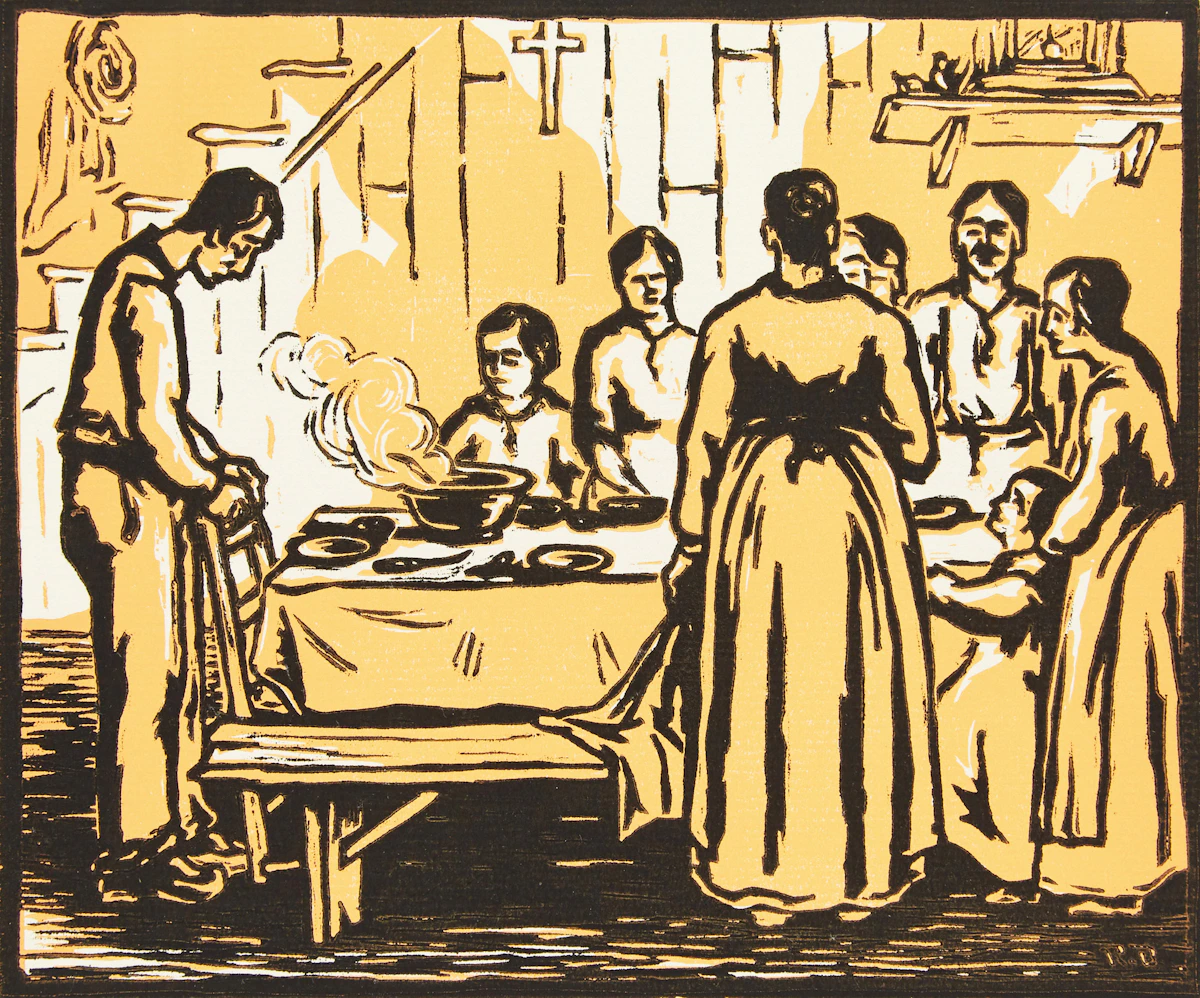 Rodolphe Duguay, Le Benedicite; Le quêteux, pair of woodblock prints