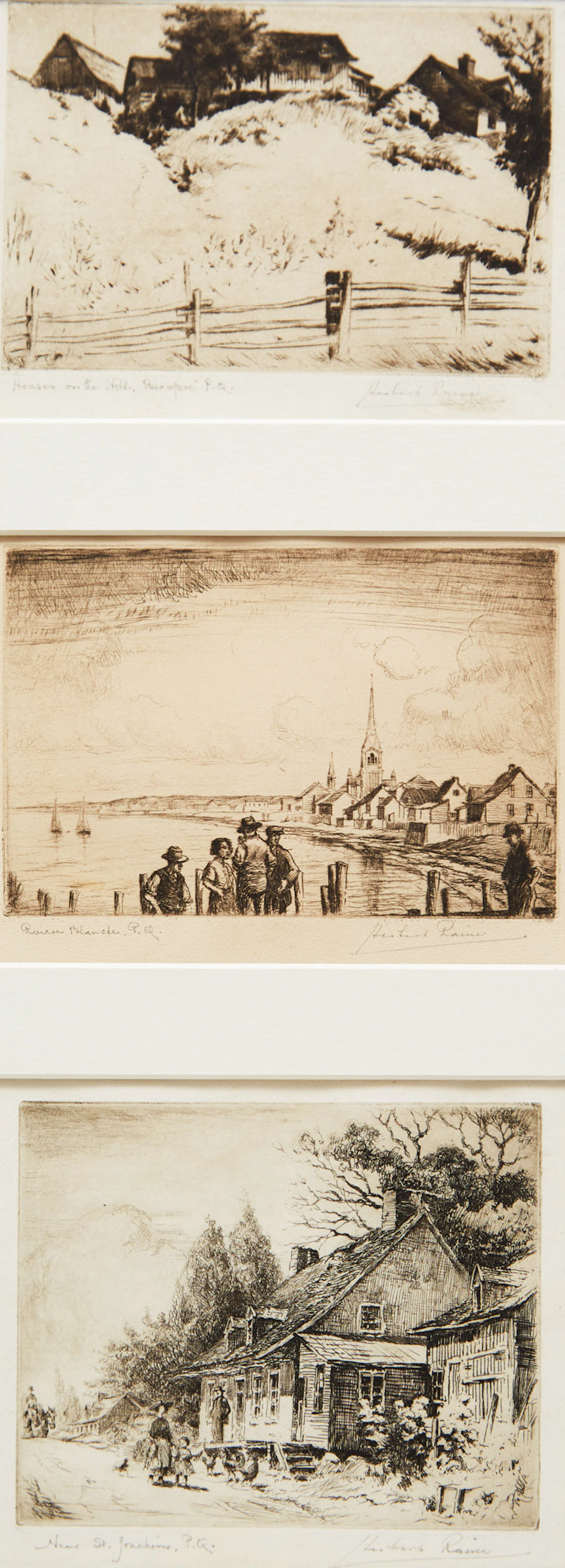 Herbert Raine, Houses on the Hill, Beaupré, P.Q.; Rivière Blanche, P.Q.; Near St. Joachim, P.Q., 3 etchings