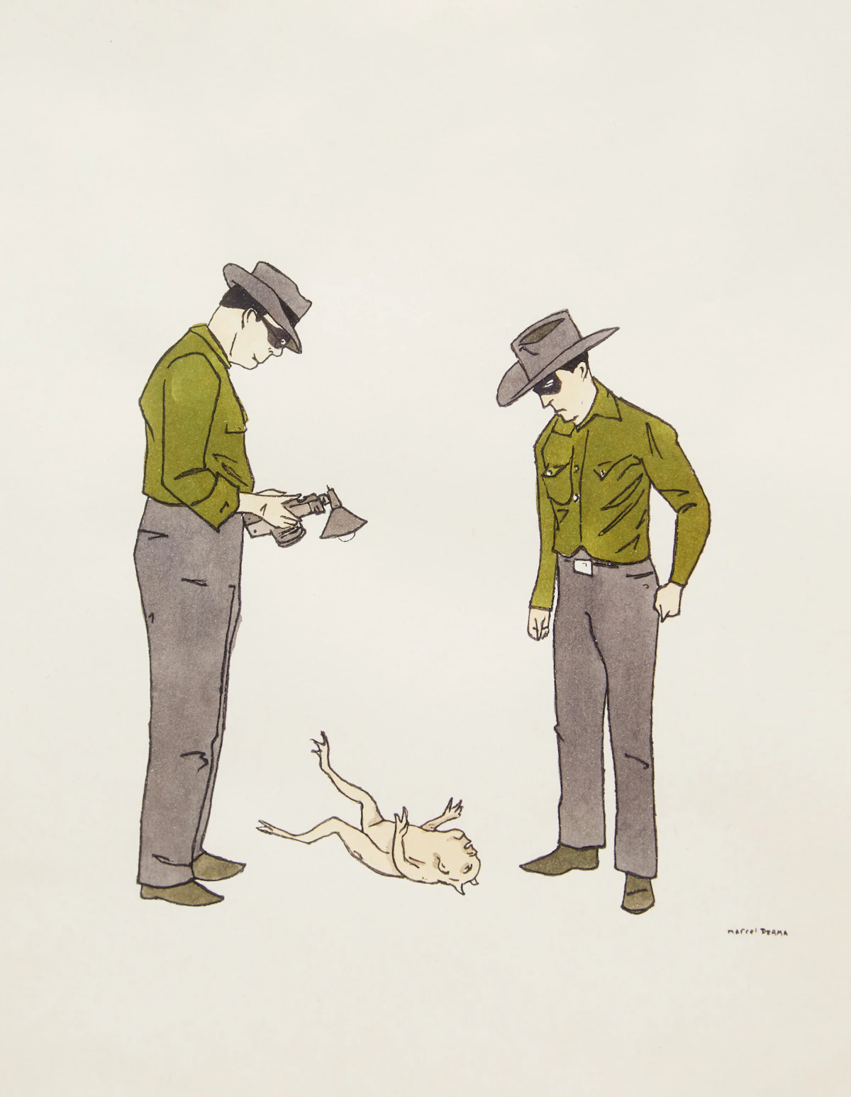 Marcel Dzama, Untitled (Two Figures with a Creature), mixed media on paper