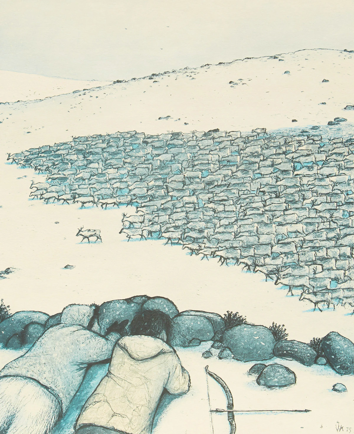 William Kurelek, Caribou Hunting, colour lithograph