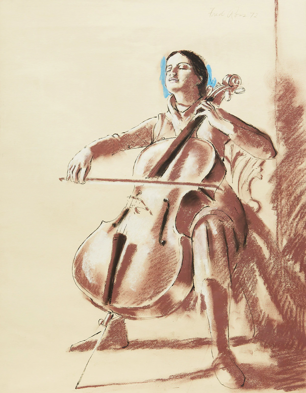 Fred Ross, The Cello Player, mixed media on paper, 1972