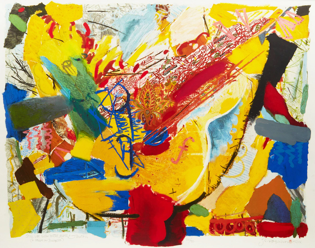 John  Carl Heywood, Still Life with Glass Bottle and Guitar  (A Study in Surfaces), screenprint, 1999