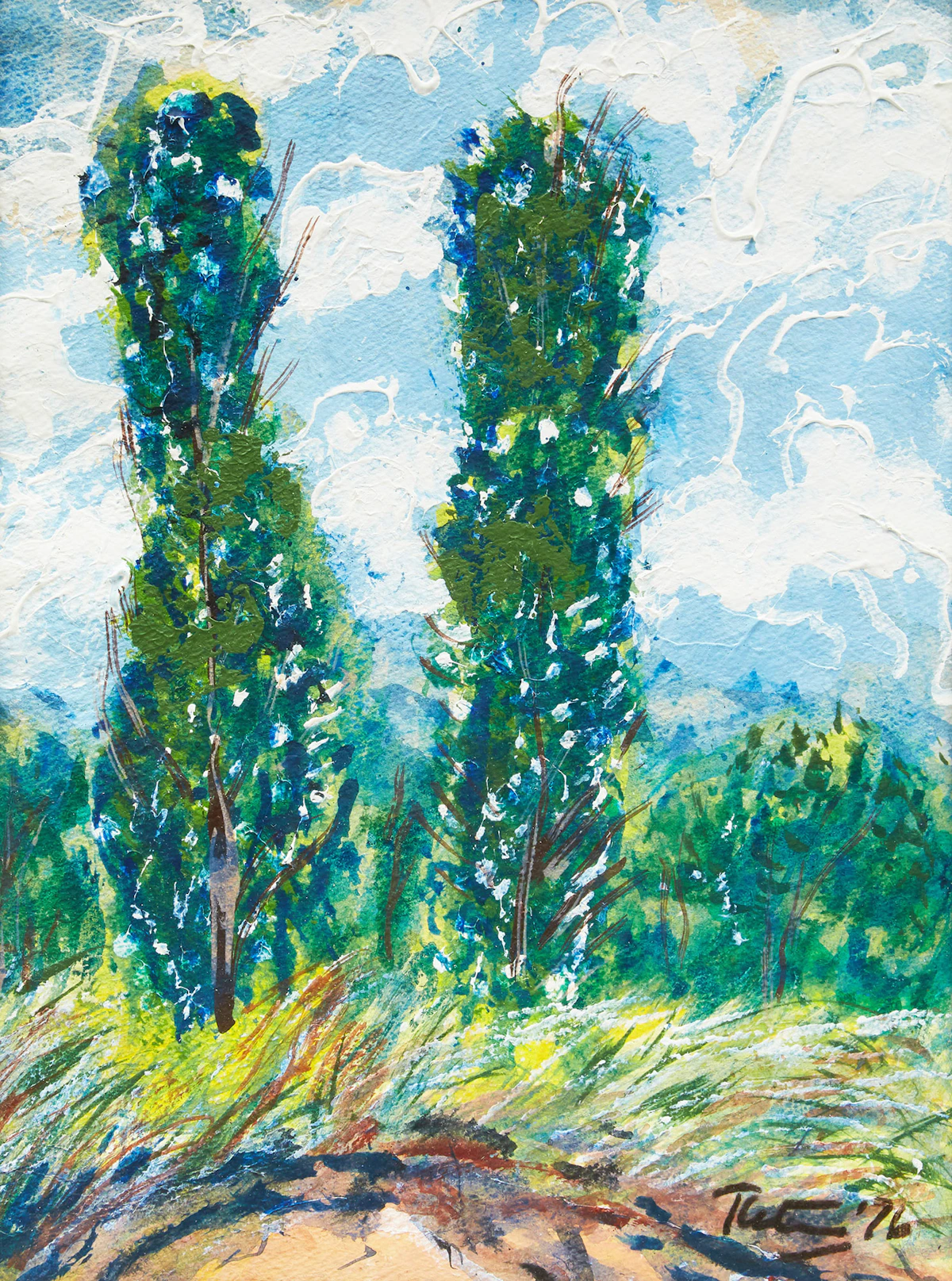 Mashel Teitelbaum, Poplars, acrylic on paper, 1976