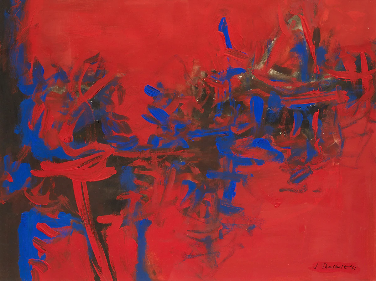 Jack Leonard Shadbolt, Blue Theme on Red, gouache on paper, 1961
