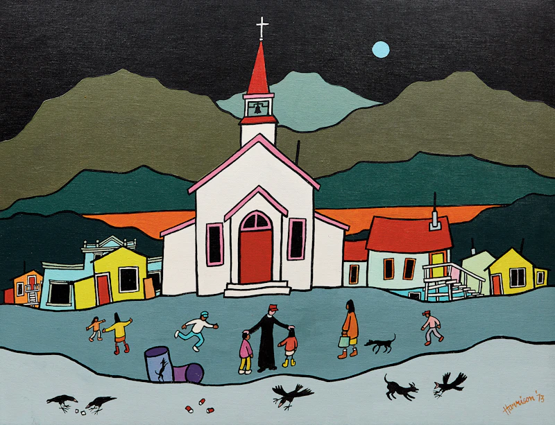 Ted Harrison, Yukon Priest, acrylic on canvas board