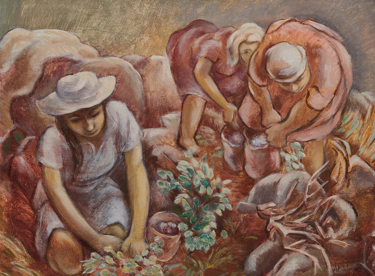 André Charles Biéler, Blueberry Picking , mixed media on panel, 1947