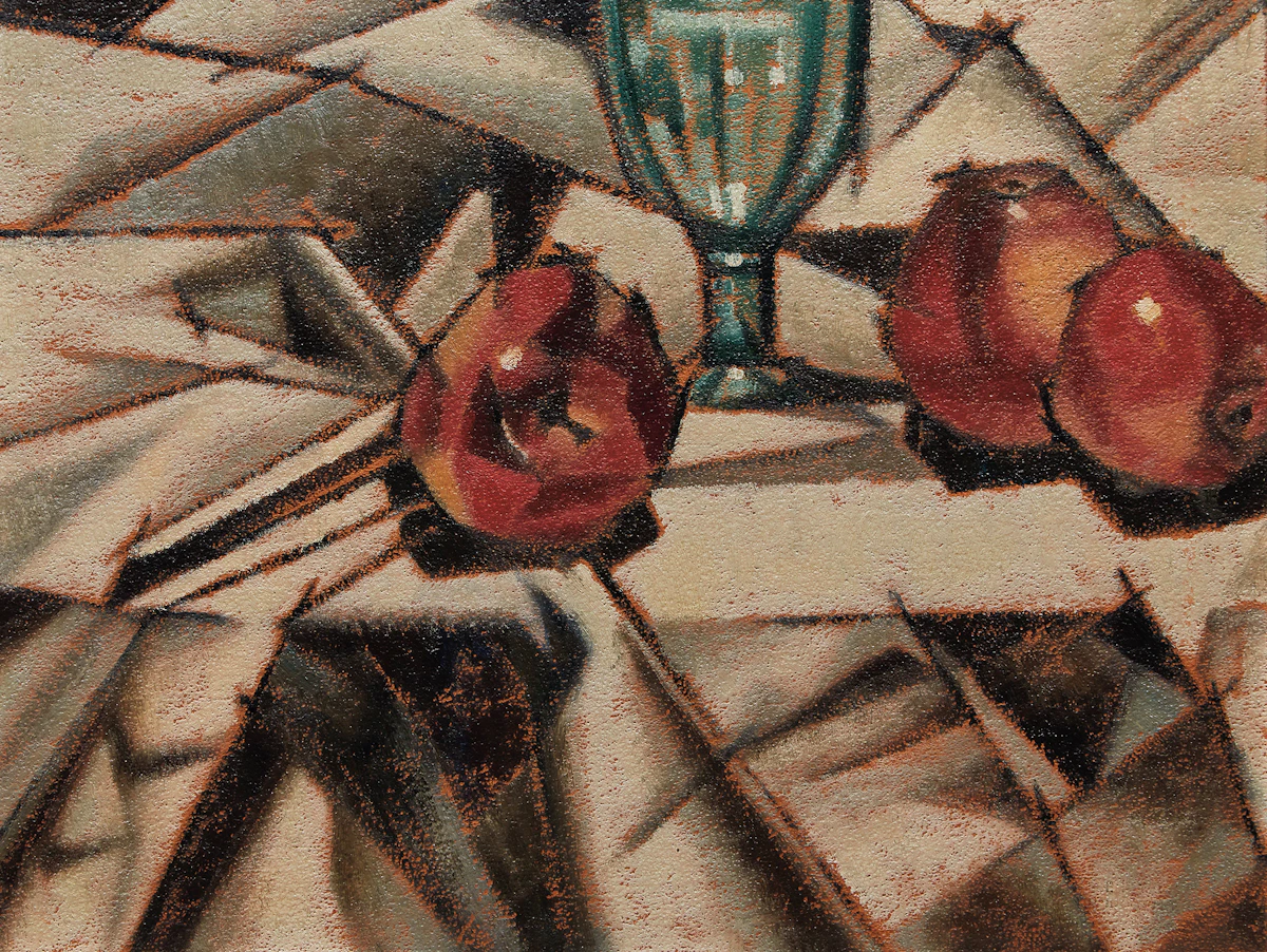 Bertram Richard Brooker, Still Life with Apples and Glass, oil on board