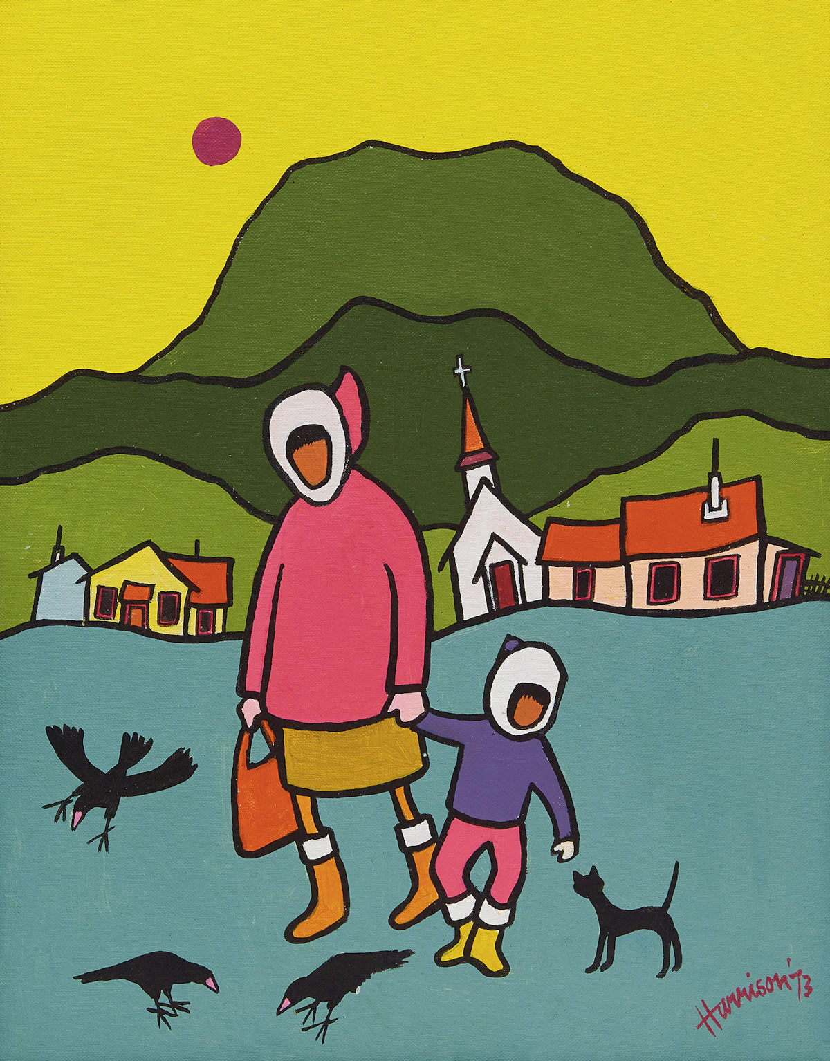 Ted Harrison, The Walk , acrylic on canvas board, 1973