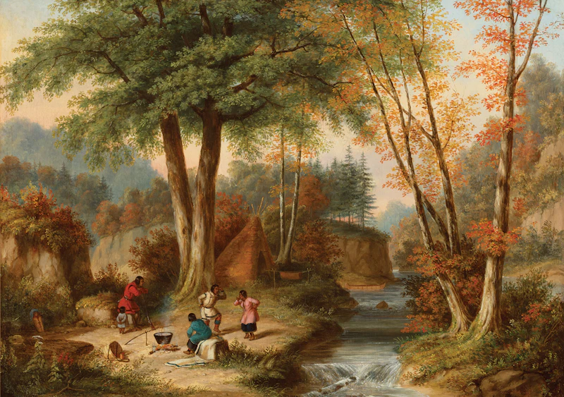 Cornelius Krieghoff, Indian Encampment By A River, Autumn, oil on canvas
