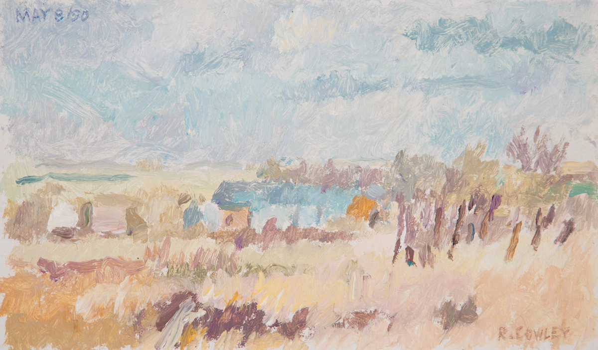 Reta Madeline Cowley, Farmstead East of Osler, oil on board, 1990