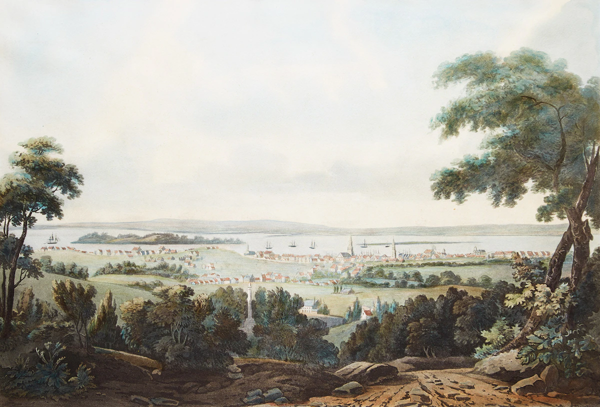 After Edward Walsh, A View of the City of Montreal , mounted to card, 1811