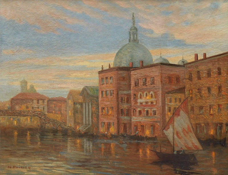 Narcisse Poirier, Evening on the River , oil on board
