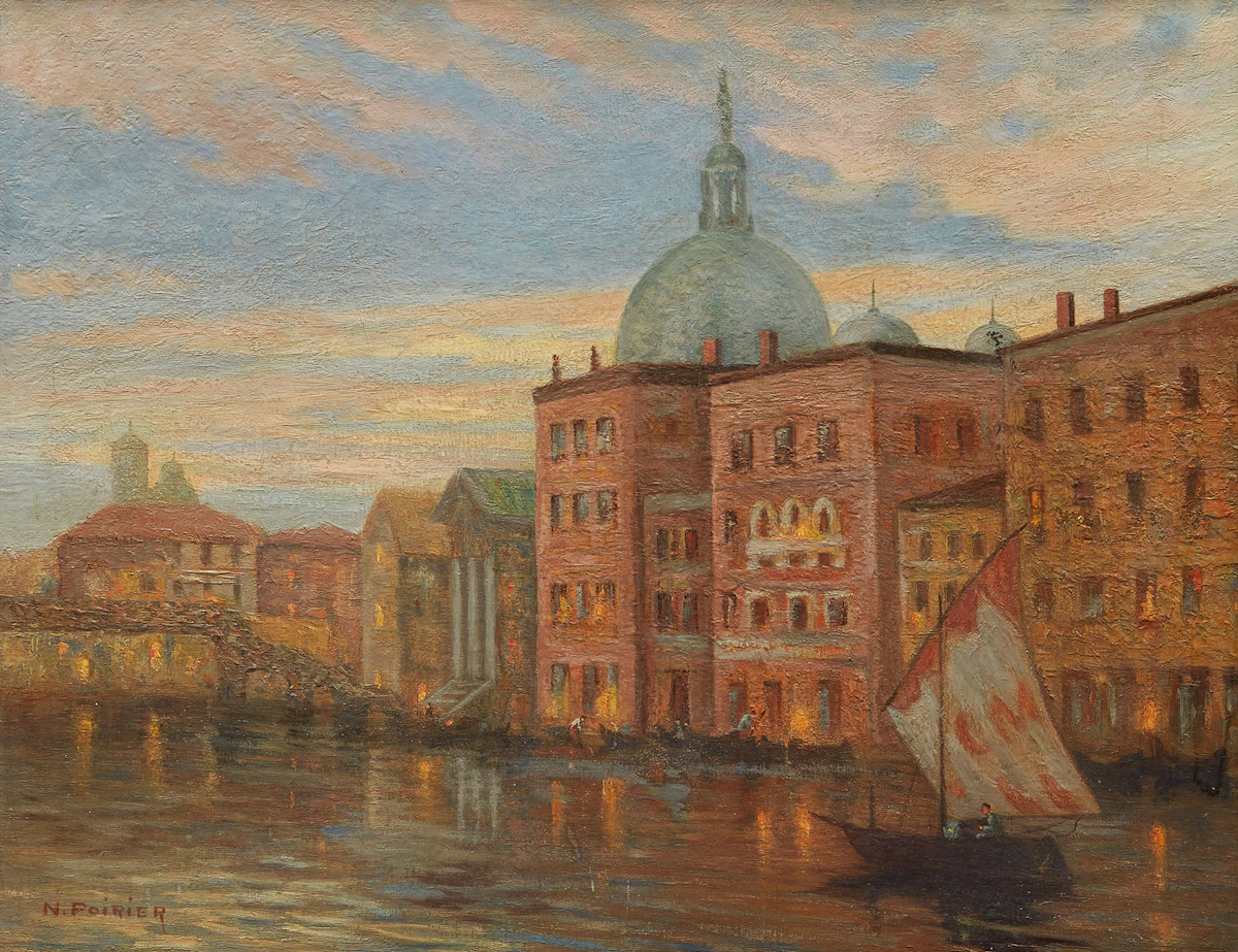 Narcisse Poirier, Evening on the River , oil on board