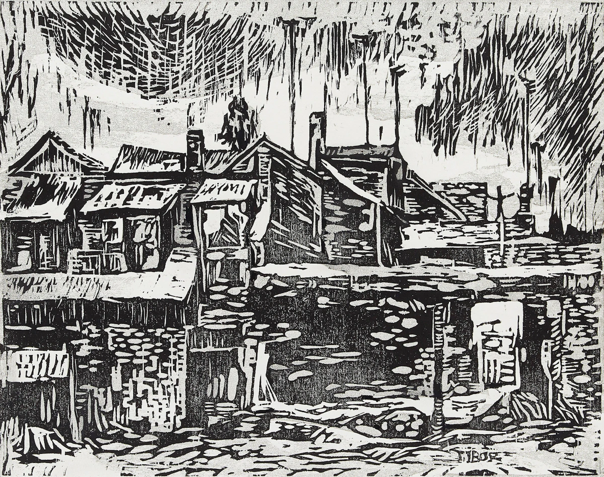 Tibor Nyilasi, House on Baldwin Street, woodblock print, 1969