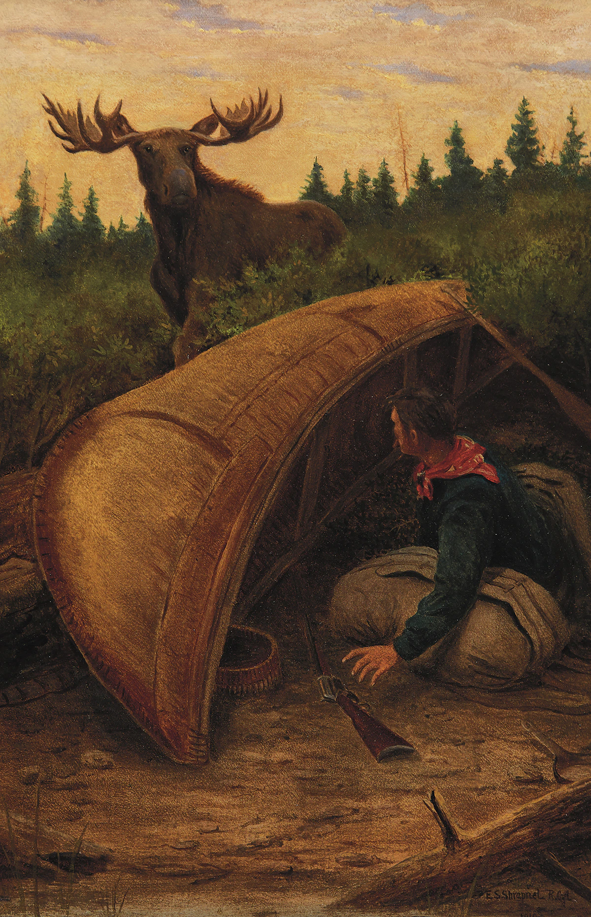 Edward Scrope Shrapnel, Moose and Hunter, oil on canvas, 1910