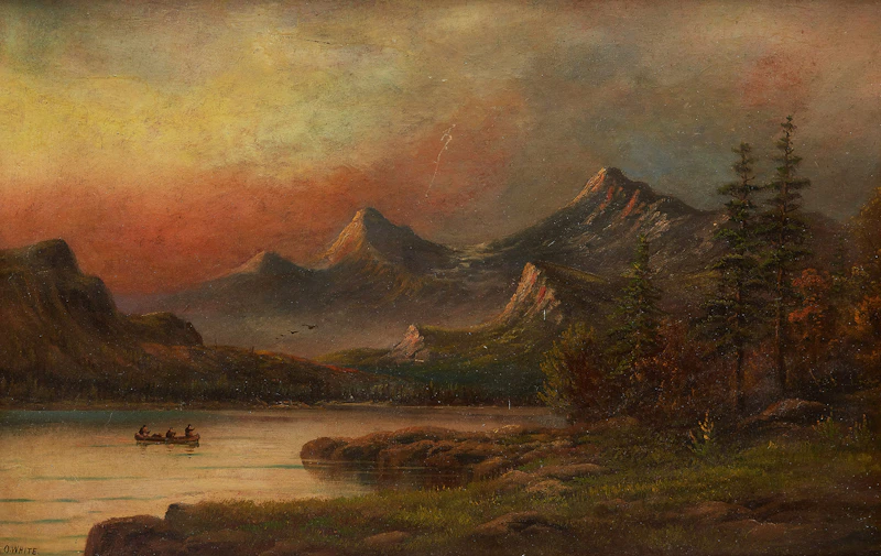 Octavius White, Canoeing in the Mountains, oil on board