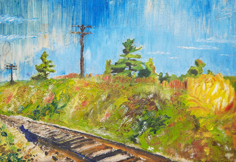 Arthur Shilling, Train Tracks, oil on canvas board