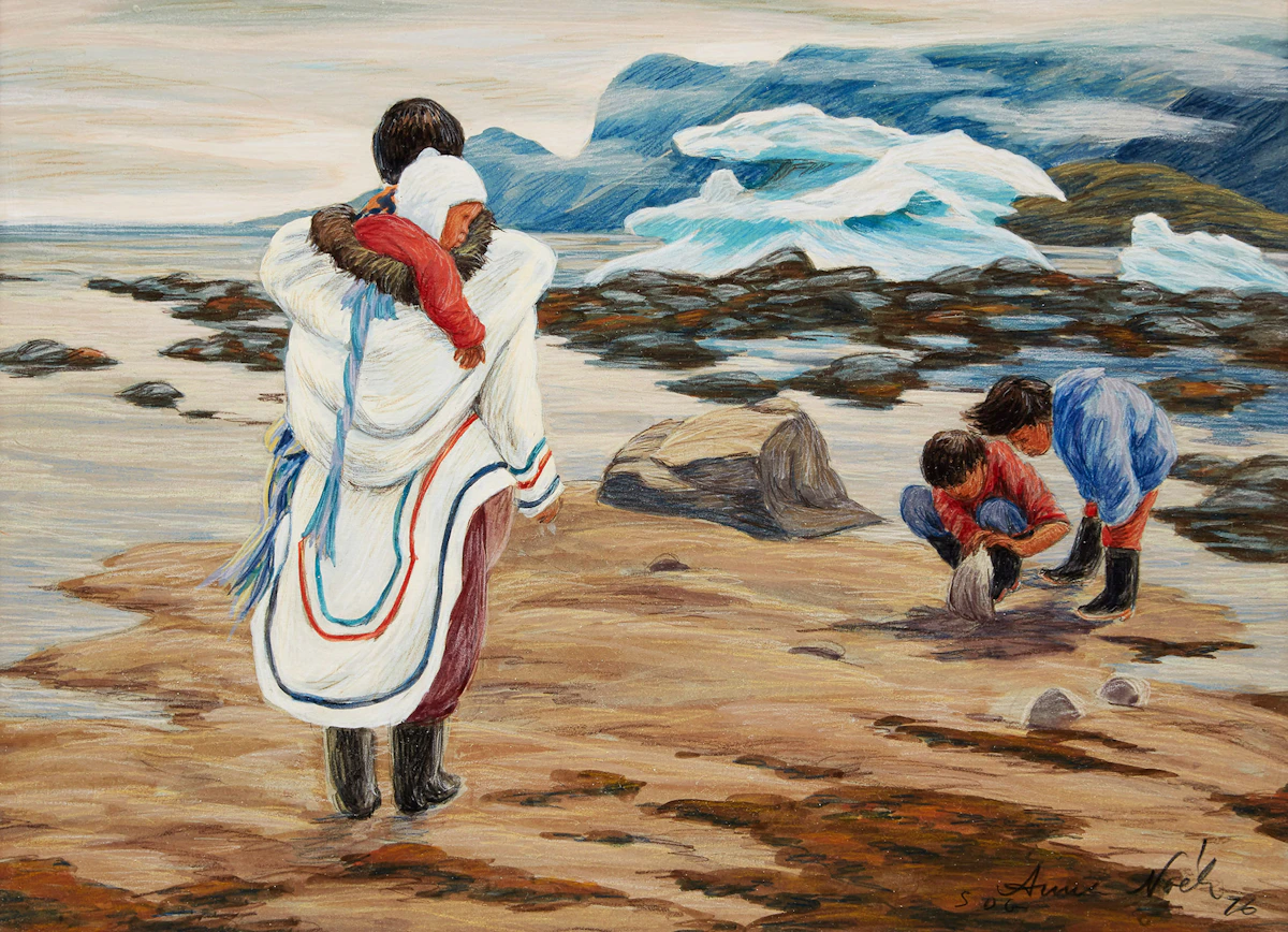 Anna Noeh, Family on the Shore in Pangnirtung, oil and pencil crayon on board, 1976