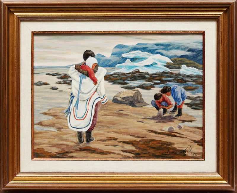 Anna Noeh, Family on the Shore in Pangnirtung, oil and pencil crayon on board, 1976 - view 2