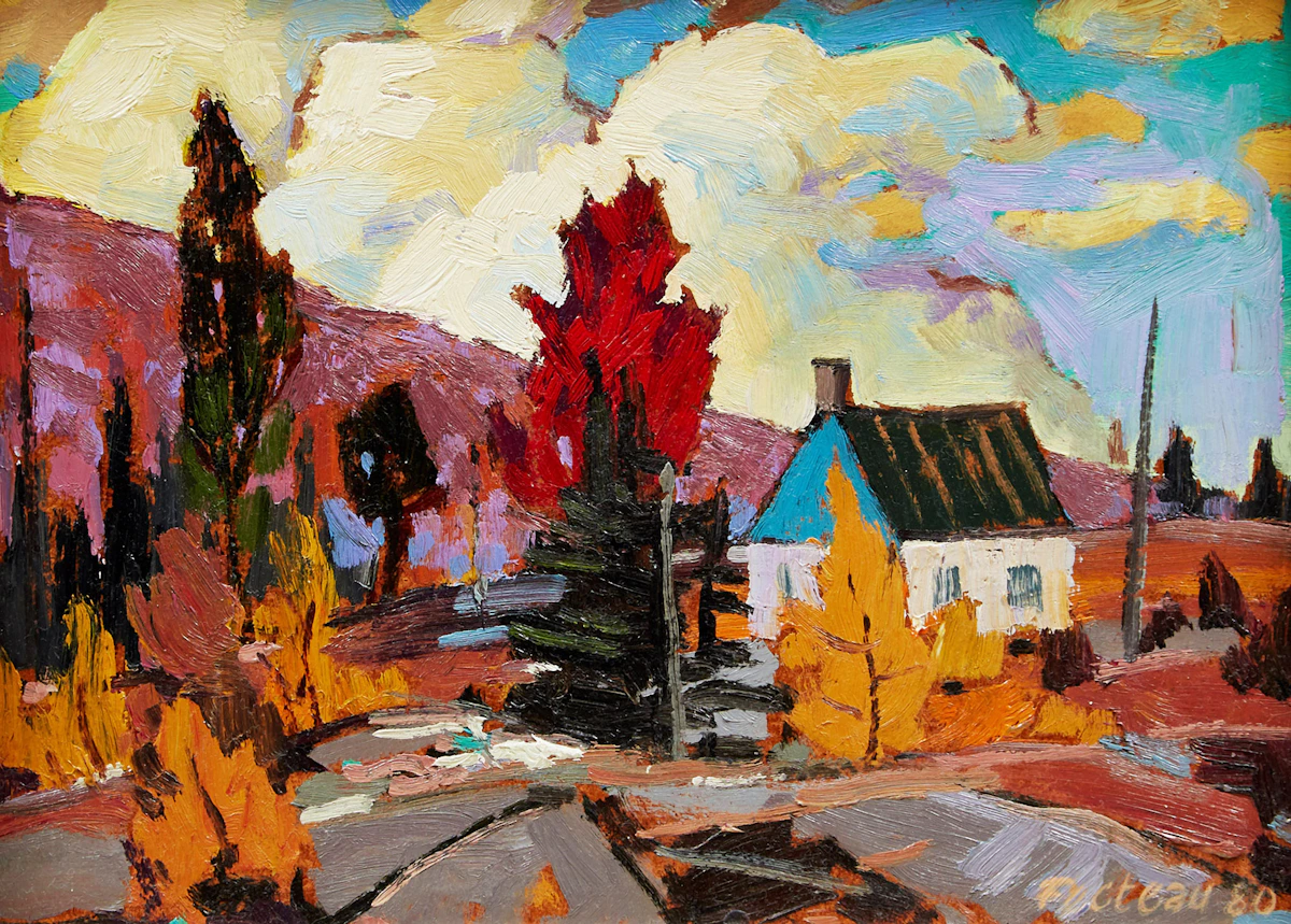 Marcel Fecteau, L’arbre rouge, oil on board, 1980