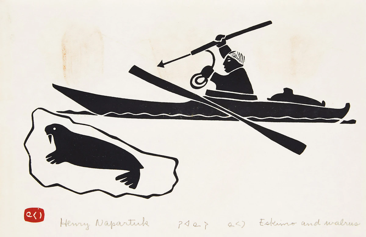 Henry Napartuk, Eskimo and Walrus; Eskimo and Seal, pair of prints